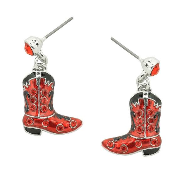 Western pierced silver, black, red stone dangle boot earrings - Picture 1 of 1